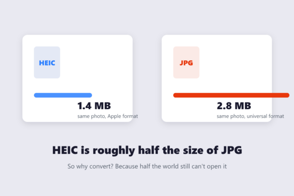 Bar comparison showing a HEIC photo at 1.4 MB versus the same photo as JPG at 2.8 MB