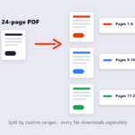 Diagram of a 24-page PDF splitting into pages 1-8, 9-16 and 17-24 as three files