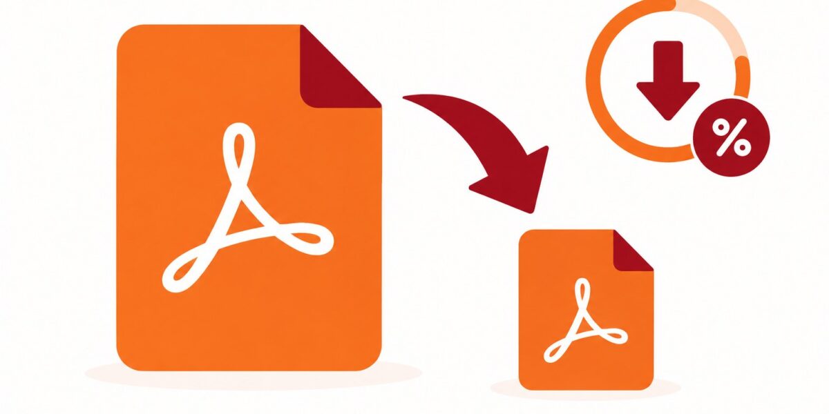 Illustration of a large PDF file document being compressed down to a smaller file size