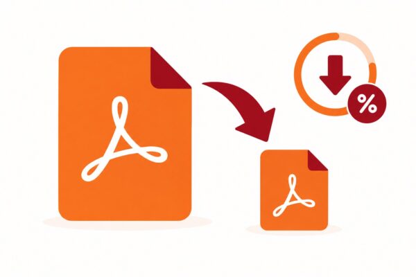 Illustration of a large PDF file document being compressed down to a smaller file size