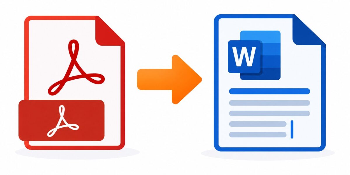 Illustration of a PDF document transforming into an editable Word document