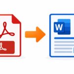 Illustration of a PDF document transforming into an editable Word document