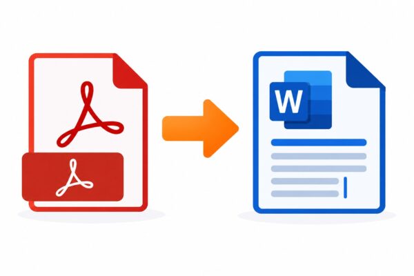 Illustration of a PDF document transforming into an editable Word document