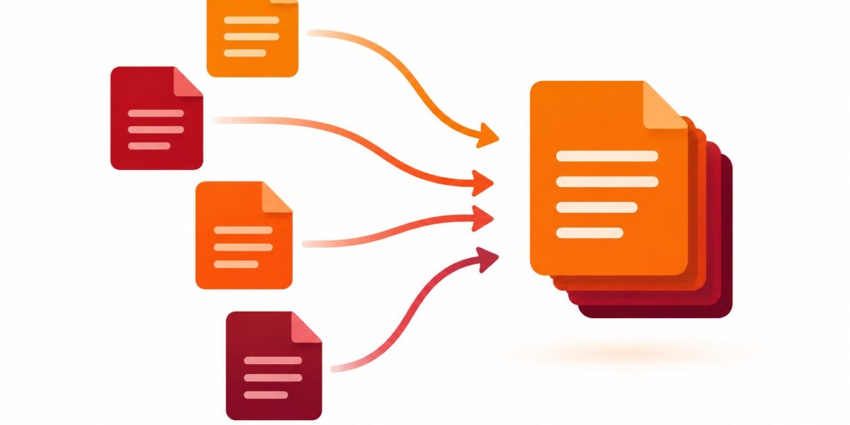 Illustration of multiple separate PDF document pages combining into one merged PDF file