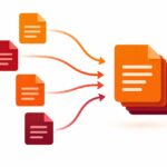 Illustration of multiple separate PDF document pages combining into one merged PDF file