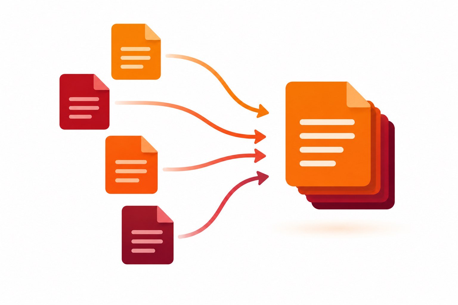 Illustration of multiple separate PDF document pages combining into one merged PDF file